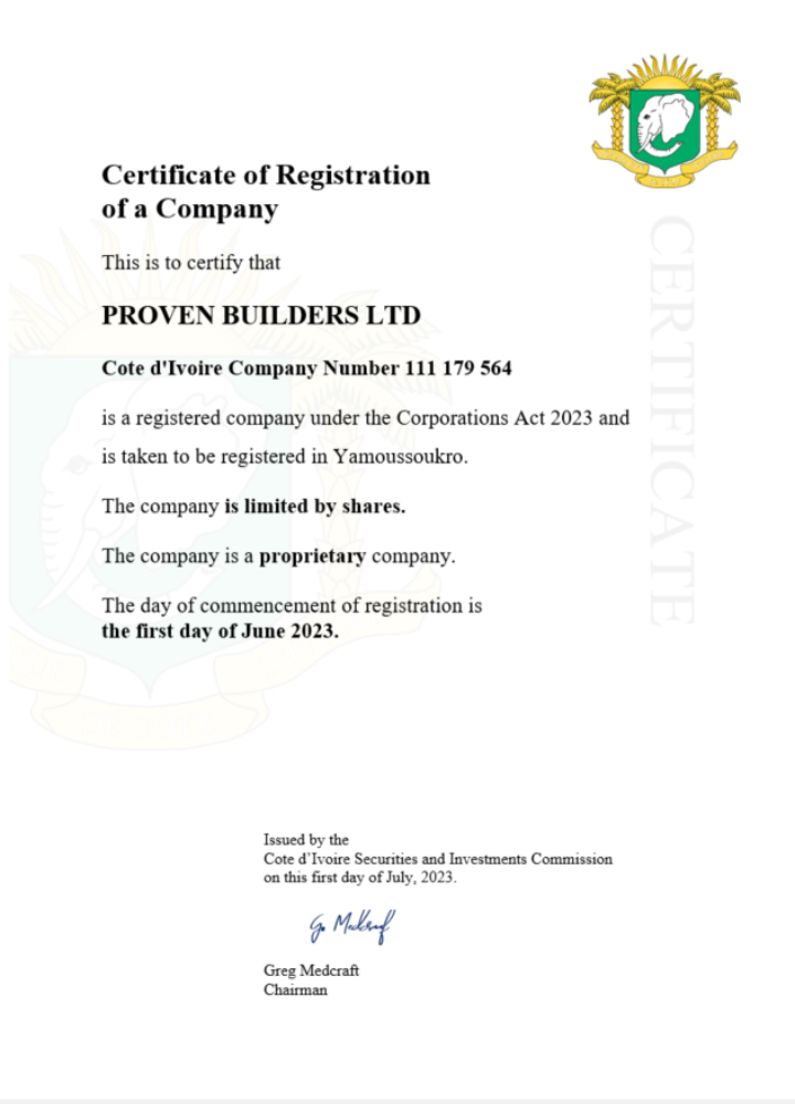 Cote d'Ivoire certificate of registration Word and PDF template